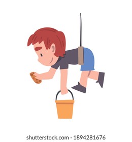 Cute Boy Hanging on Rope with Rag and Bucket, Kid Taking Care about Ecology, Conservation of Planet Resources, Environmental Protection Concept Cartoon Vector Illustration
