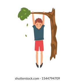 Cute Boy Hanginig on a Tree Branch Vector Illustration