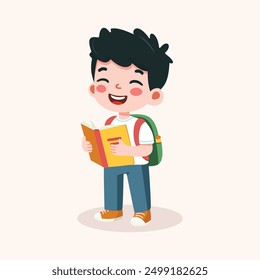 Cute boy are happy with backpack and book. Back to school concept. Vector illustration in flat cartoon style