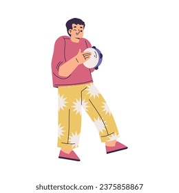 Cute Boy at Happy Birthday Party in Hat with Tambourine Celebrating Holiday Vector Illustration