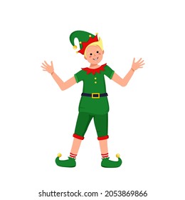 Cute boy with happy face and eyes in festive elf costume for Christmas, New Year or holiday