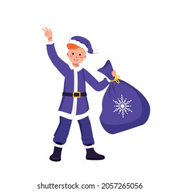Cute boy with happy face and eyes in festive Santa Claus or Father Frost costume with bag of gifts for Christmas, New Year or winter holiday