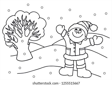 Cute boy is happy outside in the snow. Black and white vector for card or gift, for coloring. 