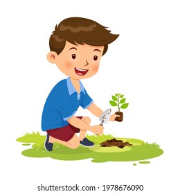 Cute boy happy planting tree. Vector illustration