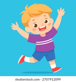 cute boy happy smile jumping pose flat color vector illustration template design