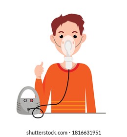 Cute boy has asthma and flu illness. Malchit inhales. Cartoon flat illustration isolated on white background.