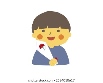 A cute boy has red carnation bouquet to give him mother in Mother's Day.