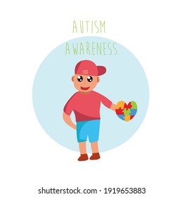 Rutsche Junge mit Hut bringen Herz der Puzzleteile als Symbol des Autismus. Zum Tag der Aufklärung des Autismus. Flaches Design, flacher Cartoon