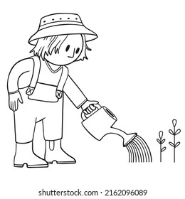 Cute boy in a hat with a watering can watering plants. Isolated vector image in cartoon style.