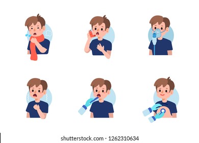 Cute boy have asthma and flu disease.  Flat cartoon vector illustration isolated on white background.