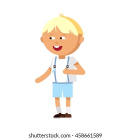 Cute boy have fun. Male kid character illustration. Child in motion. Cheerful kinder. Detailed personage isolated in white background.