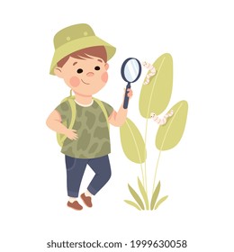 Cute Boy Having Biology Lesson, Elementary School Student Studying Plants Through Magnifying Glass, Kids Education Concept Cartoon Vector Illustration