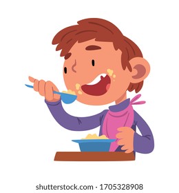 Cute Boy Having Breakfast, Preschool Kid Daily Routine Activity Cartoon Vector Illustration