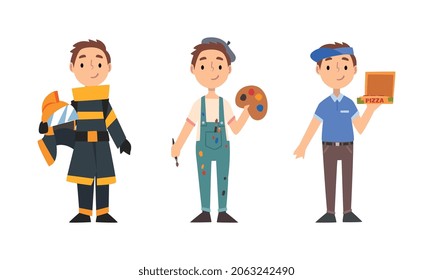 Cute Boy Having Different Profession Wearing Uniform Vector Set