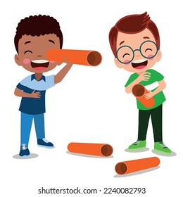 cute boy having fun with paper binoculars