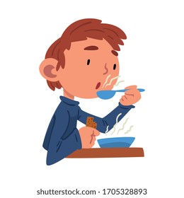 Cute Boy Having Lunch, Preschool Kid Daily Routine Activity Cartoon Vector Illustration