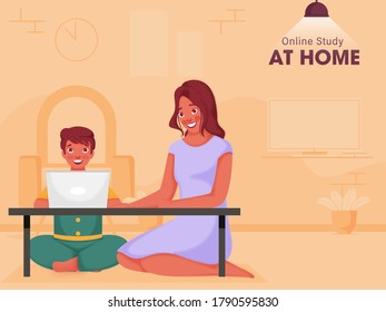 Cute Boy Having Online Study From Laptop At Table Near Modern Woman Sitting in Living Room To Prevent From Coronavirus.