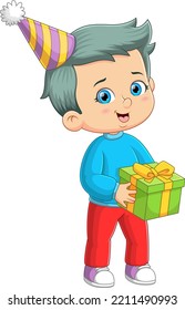 The cute boy is having a surprise gift for someone in birthday party of illustration