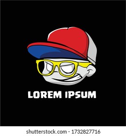 cute boy head with hat and glasses cartoon character vector template