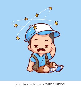Cute Boy Headache Cartoon Vector Icon Illustration. People Nature Icon Concept Isolated Premium Vector. Flat Cartoon Style