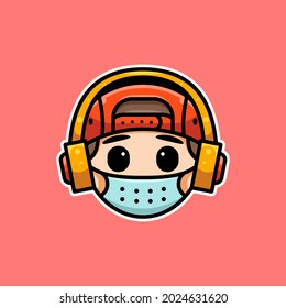 cute boy with headphone and mask for mascot logo, sticker and illustration.