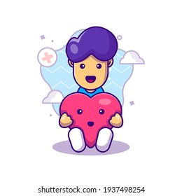 Cute Boy with Heart Vector Cartoon Illustration. Icono del Día Mundial de la Salud Concepto Blanco Aislado. Estilo de caricatura plano adecuado para la página de aterrizaje web, pancarta, etiqueta y fondo