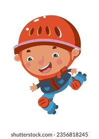 Cute boy in helmet and kneepads roller skating. Sports and children. Vector cartoon for design. Isolated character on white background.