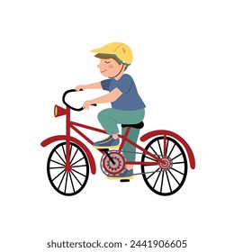 Lindo chico en casco montando bicicleta. Niño feliz en el deporte, la actividad de los niños, el ocio de la naturaleza en verano. Personaje de dibujos animados, ilustración vectorial dibujada a mano, aislado en blanco. Diseño plano. 