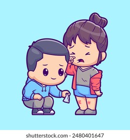 Niño lindo que ayuda a la niña herida ilustración del Vector del dibujo animado. Personas Concepto de icono médico Vector Premium aislado. Estilo plano de dibujos animados