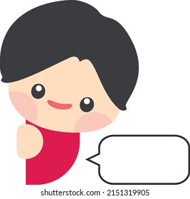 Cute boy hiding behind the wall with blank speech bubble. Kid talking with blank speech bubble. Blank speech bubble for your text. Isolated speech dialog. Vector, Illustration, EPS10	