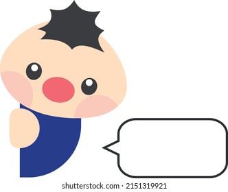 Un chico lindo escondiéndose detrás de la pared con una burbuja de habla en blanco. Niño hablando con burbujas de voz en blanco. Burbuja de voz en blanco para tu texto. Diálogo de voz aislado. Vector, ilustración, EPS10	