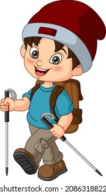 Cute boy hiking with backpack