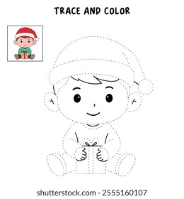 Cute boy and his christmas gift coloring pages for kids. Trace and color boy wearing santa hat character. Holiday seasons worksheet printable for kids. Christmas worksheet.