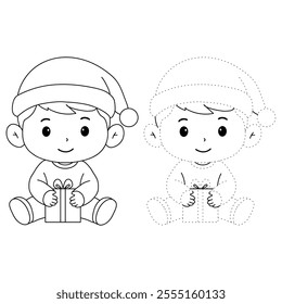 Cute boy and his christmas gift coloring pages for kids. Trace and color boy wearing santa hat character. Holiday seasons worksheet printable for kids. Christmas worksheet.