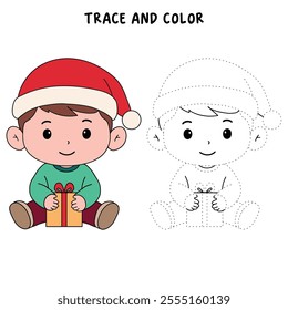 Cute boy and his christmas gift coloring pages for kids. Trace and color boy wearing santa hat character. Holiday seasons worksheet printable for kids. Christmas worksheet.