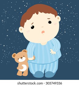 cute boy and his doll sleepless vector illustration