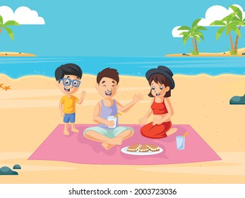 Cute boy with his family enjoying the holiday on the beach. Vector graphic illustration. Individually on white background.