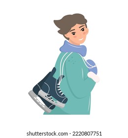 Kleiner Junge mit Hockeyskaten. Cute Junge trägt Winterhockeyschuhe über seine Schulter. Vektorgrafik