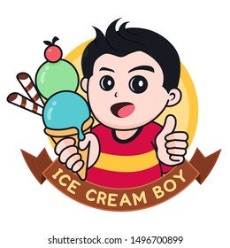 Cute boy hold ice cream in waffles cone and show thumbs up logo vector.