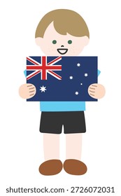 Netter Junge, der die australische Flagge hält, flache Cartoon-Illustration