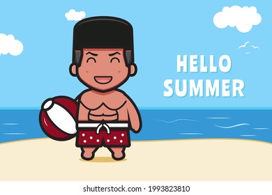 Cute boy holding ball with a summer greeting banner cartoon vector icon illustration. Design isolated on blue. Flat cartoon style.