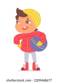 Cute boy holding ball vector illustration. Cartoon isolated child in red warm jacket, beanie hat, jeans and boots standing outside in cold weather, child walking in park alone or with friends