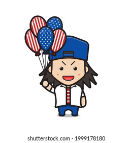 Cute boy holding balloon celebrate america independence day cartoon icon vector illustration. Design isolated on white. Flat cartoon style.