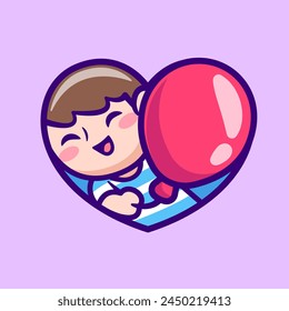 Cute Boy Holding Balloon In Love Heart Sign Cartoon Vector Icon Illustration. People Holiday Icon Concept Isolated Premium Vector. Flat Cartoon Style