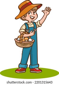 Cute boy holding a basket of fresh eggs. Flat vector cartoon design