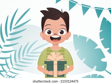 A cute boy is holding a beautiful box in his hands. Birthday. Cartoon style. Vector illustration