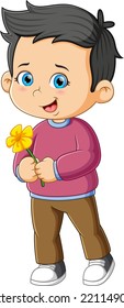 The cute boy is holding the beautiful bright flower of illustration