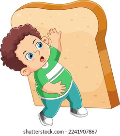 A cute boy holding a big bread slice of illustration