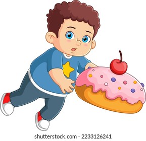 Cute Junge, der eine große Dongmutter hält und die Illustration rutscht