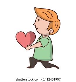 Cute boy holding big heart cartoon isolated vector illustration graphic design